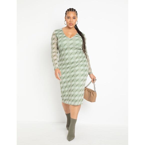 Eloquii Mesh Printed V Neck Twist Open Back Midi Dress Size 18 NWT Green Cream - Picture 10 of 12